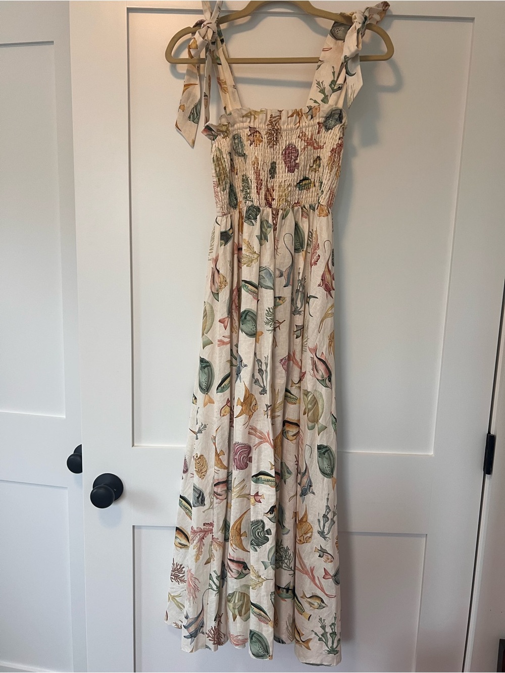 Alemais Smocked Cream Maxi Dress with Botanical & Sea-Print Tie Straps